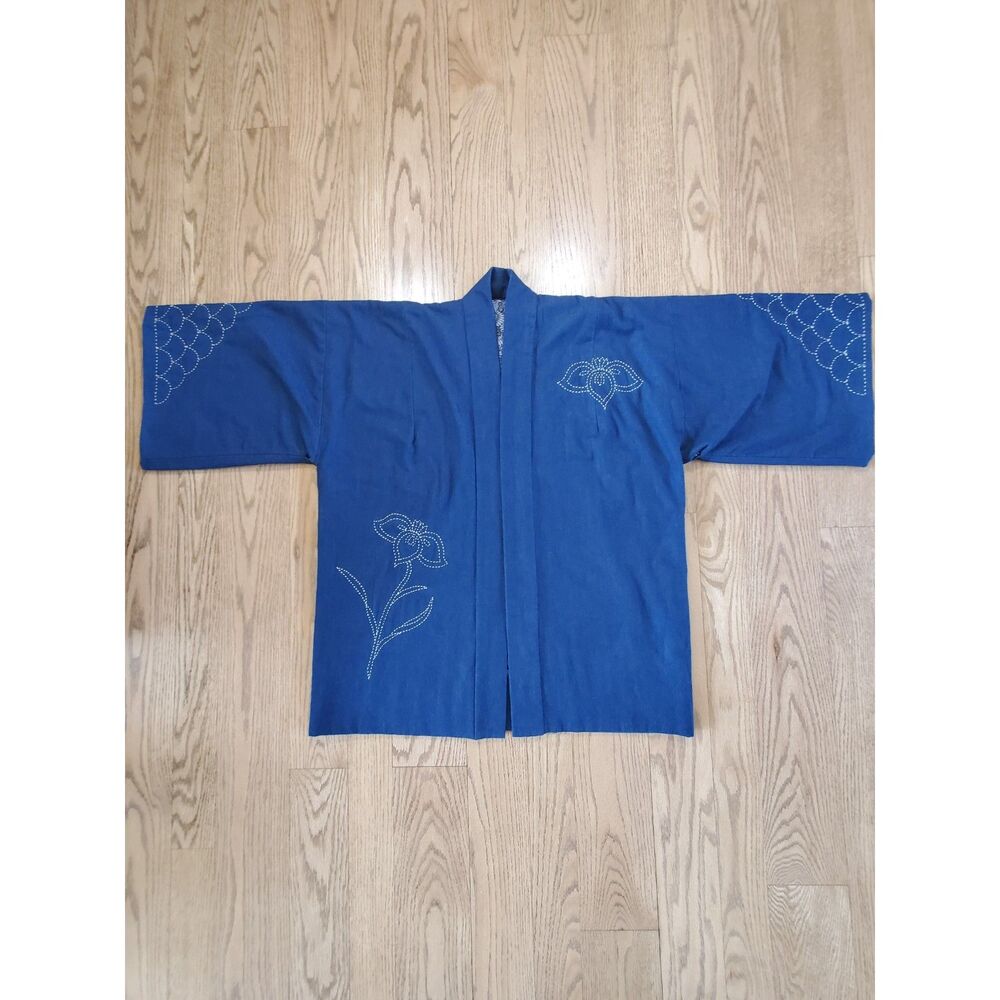 Japanese Sashiko Hanten Jacket Womens XS-XL Indigo Blue Denim Flowers SOFT VGUC